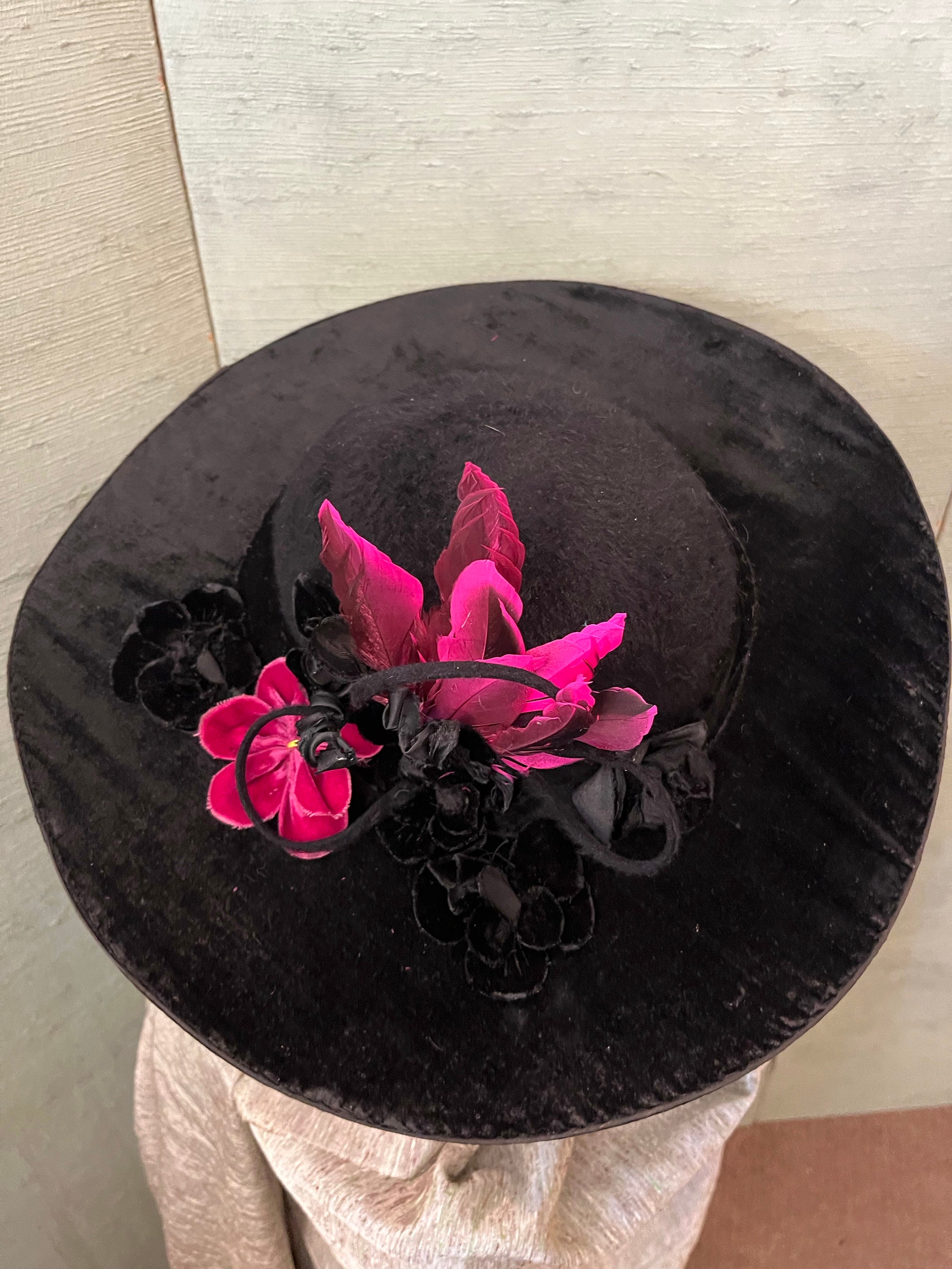 Black Velour felted black hat with black flowers Molly Hat Style - Pebbles in Black Upholstery - Pandemonium  main image 2
