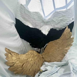 May include: Three sets of decorative wings arranged in a vertical stack. The top pair is white, the middle pair is black, and the bottom pair is metallic gold. Each set of wings features layered, textured feather-like structures in a wide span.