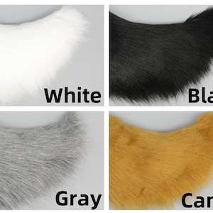 May include: Four close-up images of faux fur in white, black, gray, and camel colors. Each image has the color name printed in a bold, black font. The fur appears soft and fluffy, with a slight curve.