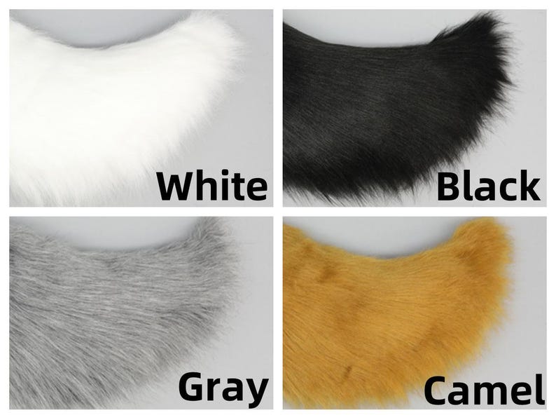 May include: Four close-up images of faux fur in white, black, gray, and camel colors. Each image has the color name printed in a bold, black font. The fur appears soft and fluffy, with a slight curve.