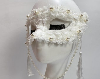 Pearl mask,White lace mask,tassel mask,Masquerade party mask,Beautiful mask,Court ball party,Dance mask,carnival masks,creative mask