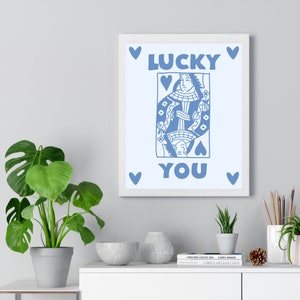 Trendy Retro Grote Wall Art / Blue Queen of Hearts / Lucky You Art Print / Esthetische Digitale Art Print