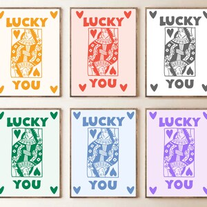 Set van zes Lucky You Art Prints / Queen of Hearts / Trendy Retro Grote Kunst aan de Muur / Groovy Digital Art Print