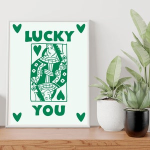 Trendy Retro Grote Wall Art / Groene Hartenkoningin / Lucky You Art Print / Esthetische Digitale Kunst Print