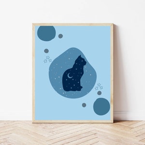 Arte de pared infantil / Starry Moonlight Cat Print / Decoración de pared para niños / Arte de pared imprimible