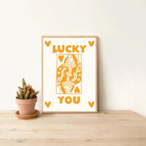 Trendy Retro Grote Wall Art / Oranje Queen of Hearts / Lucky You Art Print / Esthetische Digitale Art Print