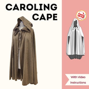 Puede incluir: Una capa Caroling a cuadros marrones y negros con capucha y cierre de lazo. La imagen incluye un icono de descarga PDF y las palabras "With Video Instructions". La capa se muestra en un maniquí.