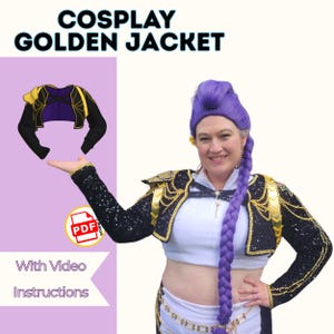 May include: Cosplay Golden Jacket with video instructions. The image shows a black and gold jacket with a purple top. The jacket has gold trim and shoulder accents. The text "Cosplay Golden Jacket" is at the top of the image.