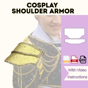 Puede incluir: Hombrera dorada de cosplay con un diseño en capas. La armadura está adornada con lentejuelas y ribetes dorados, y forma parte de un disfraz. La imagen incluye el texto "COSPLAY SHOULDER ARMOR" y "With Video Instructions."