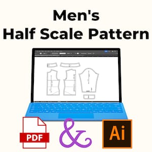 May include: A laptop computer displaying a men's half-scale pattern on the screen. The pattern is for a shirt and includes measurements. The laptop is blue and has a blue keyboard. The image also shows a PDF icon and an AI icon, indicating the file formats available for download.