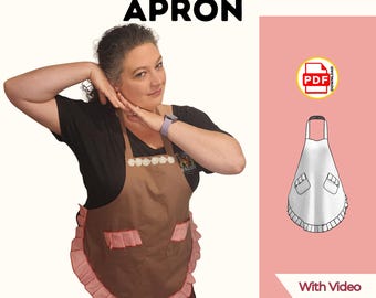 May include: A brown apron with a pink ruffled trim and pockets. The apron has the text "SWEET GINGERBREAD APRON" at the top. A PDF download icon is in the upper right corner, with the words "With Video Instructions" below.