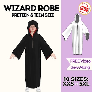 May include: A black wizard robe with a red inner lining and hood, designed for preteens and teens. The text reads WIZARD ROBE PRETEEN & TEEN SIZE, FREE Video Sew-Along, and 10 SIZES: XXS - 5XL. Includes a white line drawing of the robe.