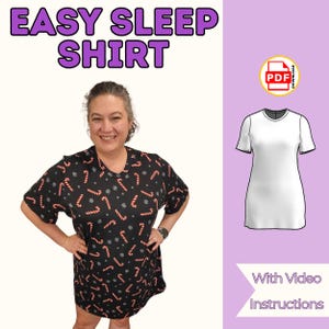 Op de afbeelding: Zwarte slaapshirt met een patroon van rode en witte zuurstokken en sneeuwvlokken. De tekst "EASY SLEEP SHIRT" staat bovenaan. Een wit slaapshirt-ontwerp wordt rechts getoond, samen met de tekst "With Video Instructions".