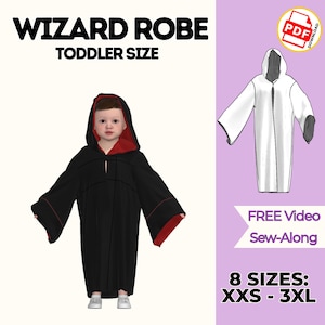 Può includere: Una tunica da mago nera con fodera e cappuccio rossi, pensata per i più piccoli. L'immagine include il testo WIZARD ROBE TODDLER SIZE, PDF DOWNLOAD, FREE Video Sew-Along e 8 SIZES: XXS - 3XL, insieme a un disegno al tratto bianco.