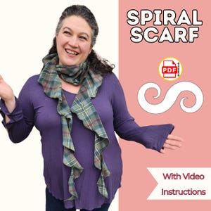 May include: A woman wearing a plaid spiral scarf with red, green, and gray tones. The scarf is draped around the neck and shoulders. The image includes the text "SPIRAL SCARF" and "With Video Instructions".