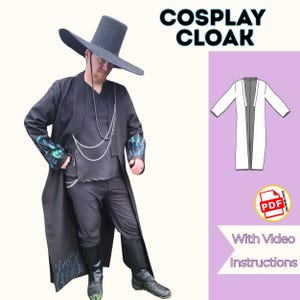 May include: A person wearing a black cosplay cloak and hat. The cloak has blue and green accents on the sleeves and a long, flowing design. The image includes the text "COSPLAY CLOAK" and a diagram of the cloak.