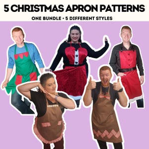 May include: A collection of 5 Christmas apron patterns featuring various designs including a green elf-style apron, a red velvet Santa-inspired apron, a brown apron with ruffles, and a brown apron with a woven pattern, labeled 5 CHRISTMAS APRON PATTERNS.