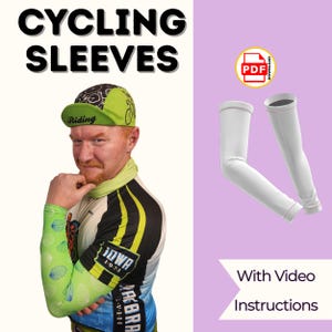 Peut inclure: Manches de cyclisme blanches, avec le texte "CYCLING SLEEVES" en grandes lettres noires. L'image montre également un cycliste portant une casquette et un maillot de cyclisme verts et noirs. L'image comprend le texte "With Video Instructions".