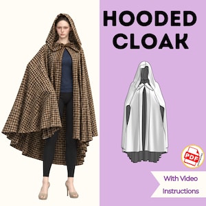 Puede incluir: Una capa con capucha de estampado pata de gallo marrón y negro con cierre frontal. La imagen incluye el texto HOODED CLOAK, un dibujo lineal blanco de la capa, un icono de PDF y el texto With Video Instructions sobre un fondo morado claro.