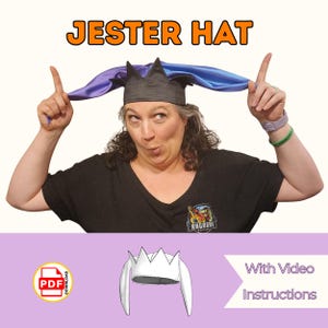 May include: A person wearing a black jester hat with a black crown and purple and blue fabric streamers. The image includes the text "JESTER HAT" in orange and a PDF download icon. The words "With Video Instructions" are also present.
