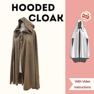 Könnte beinhalten: Ein braun-schwarz karierter Kapuzenumhang mit Bindeband am Hals. Der Text HOODED CLOAK steht oben. Eine weiße Strichzeichnung des Umhangs ist rechts mit einem PDF-Download-Symbol und dem Text With Video Instructions abgebildet.