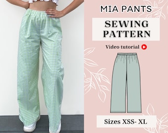 Patrón de costura de pantalones // Pantalones de cintura alta // Patrones de costura en PDF // Dowland instantáneo A4 // Tallas XXS- XL // Pierna ancha