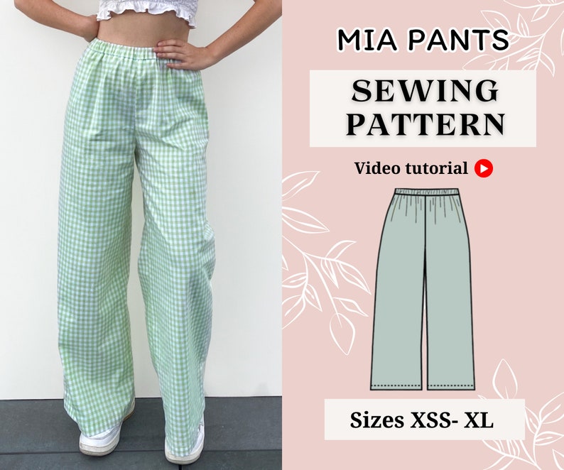 Pants sewing pattern Hight waist pants PDF sewing patterns Instant dowland A4 Sizes XXS XL Wide leg image 1