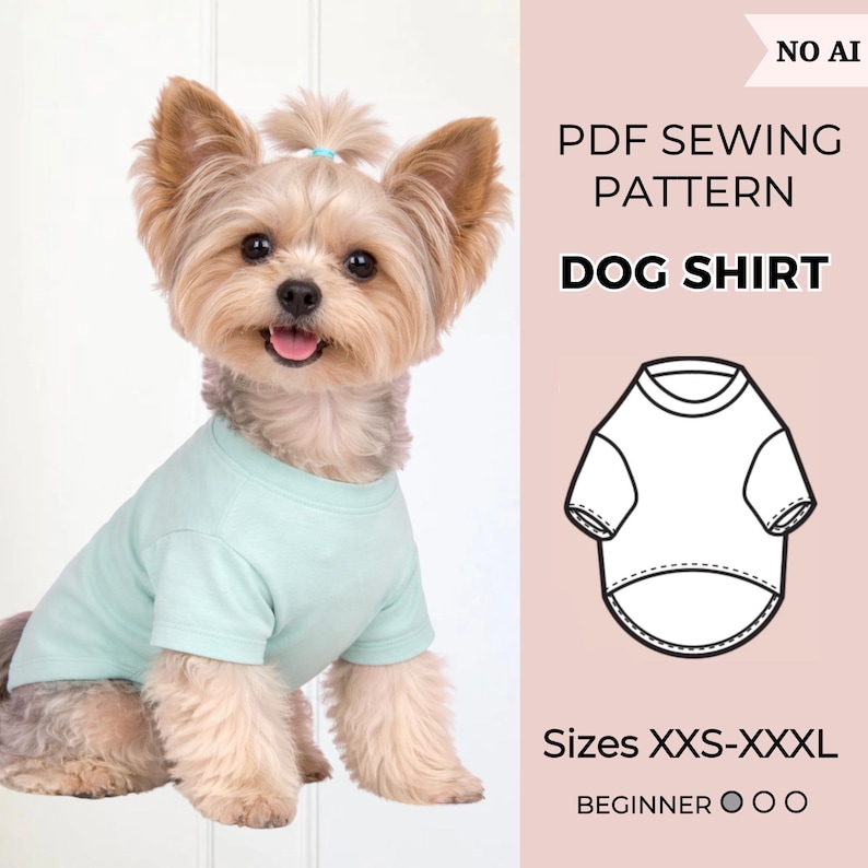 May include: A small dog with tan and brown fur wears a light mint green short-sleeve shirt. The image includes text reading PDF SEWING PATTERN DOG SHIRT, NO AI, SIZES XXS-XXXL, and BEGINNER, along with a black and white line drawing of the shirt.