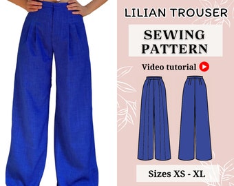 Puede incluir: Un patrón de costura para pantalones Lilian, con un pantalón azul de pierna ancha con pliegues. El patrón incluye tallas XS a XL y un tutorial en video.