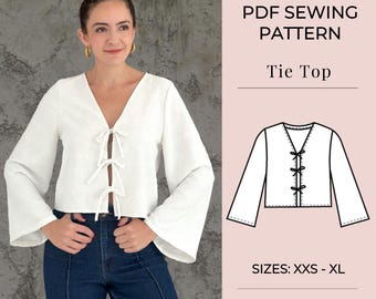 Patrón de blusa para mujer / Patrón de costura en PDF / Patrón de blusa con lazo / Patrón de costura de blusa / Patrón de costura de camisa