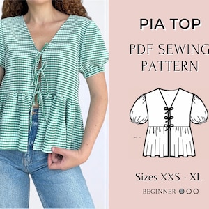 Puff Sleeve Peplum Blouse Sewing Pattern PDF | Tie Front Classic Vintage Women’s Shirt Pattern | Top sewing pattern