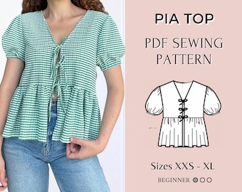 Puff Sleeve Peplum Blouse Sewing Pattern PDF | Tie Front Classic Vintage Women’s Shirt Pattern | Top sewing pattern