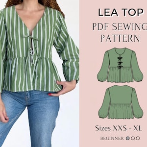 Women top pattern | Pdf sewing pattern | Puffed Sleeve Peplum tie Top pattern | Tie top pattern | Top sewing pattern | Shirt sewing pattern