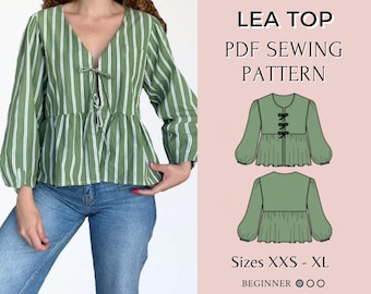 Women top pattern | Pdf sewing pattern | Puffed Sleeve Peplum tie Top pattern | Tie top pattern | Top sewing pattern | Shirt sewing pattern