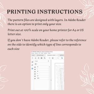 May include: A light pink background with white floral accents and black text that reads "PRINTING INSTRUCTIONS". The text provides instructions for printing pattern files, including using Adobe Reader and printing at 100% scale on A4 or US letter size paper.