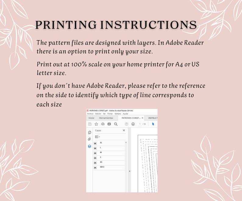 May include: A light pink background with white floral accents and black text that reads "PRINTING INSTRUCTIONS". The text provides instructions for printing pattern files, including using Adobe Reader and printing at 100% scale on A4 or US letter size paper.