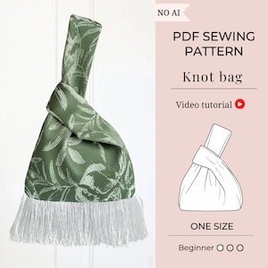 May include: A green knot bag with a white leaf pattern and white fringe at the bottom. The image includes text: PDF SEWING PATTERN, Knot bag, Video tutorial, ONE SIZE, and Beginner. A line drawing of the bag is also displayed on the right side.