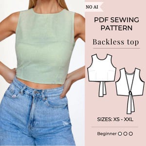 Op de afbeelding: Een PDF-naaipatroon voor een rugloze top, met een lichtgroene geribbelde mouwloze top en een technische lijntekening met voor- en achteraanzichten met een striksluiting. De tekst luidt PDF SEWING PATTERN, Backless top, SIZES: XS - XXL, Beginner.