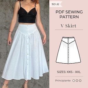 May include: A white midi skirt with a V-shaped waistband and a front button closure. The image includes text reading PDF SEWING PATTERN, V Skirt, SIZES: XXS - XXL, and Principiante, along with a technical line drawing of the skirt design.