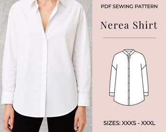 Women’s Long Sleeve Shirt Sewing Pattern PDF | Button-Up Blouse Digital Download XXXS-XXXL