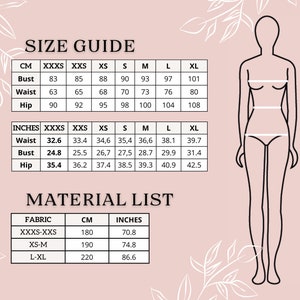 K&ouml;nnte beinhalten: Gr&ouml;&szlig;entabelle f&uuml;r Kleidung in Zoll und Zentimetern. Die Tabelle zeigt die Ma&szlig;e f&uuml;r Brust, Taille und H&uuml;fte in den Gr&ouml;&szlig;en XXXS bis XL. Die Tabelle enth&auml;lt auch eine Material&uuml;bersicht mit Stoffarten und den entsprechenden Ma&szlig;en in Zentimetern und Zoll.