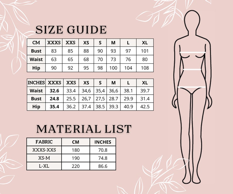 K&ouml;nnte beinhalten: Gr&ouml;&szlig;entabelle f&uuml;r Kleidung in Zoll und Zentimetern. Die Tabelle zeigt die Ma&szlig;e f&uuml;r Brust, Taille und H&uuml;fte in den Gr&ouml;&szlig;en XXXS bis XL. Die Tabelle enth&auml;lt auch eine Material&uuml;bersicht mit Stoffarten und den entsprechenden Ma&szlig;en in Zentimetern und Zoll.