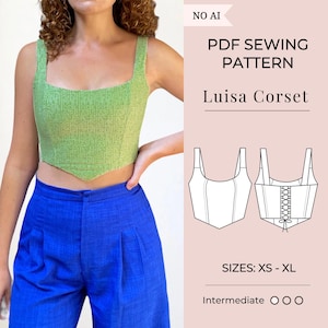 Puede incluir: Un top tipo corsé verde lima con escote cuadrado y dobladillo en punta, combinado con pantalones azules brillantes con pliegues. La imagen incluye el texto PDF SEWING PATTERN, Luisa Corset, SIZES: XS - XL y un dibujo lineal de la prenda.