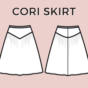 May include: Illustration of the Cori skirt design, featuring front and back views. The skirt is white with a unique waistline design and a flared silhouette. The text "Cori Skirt" is displayed at the top in black.