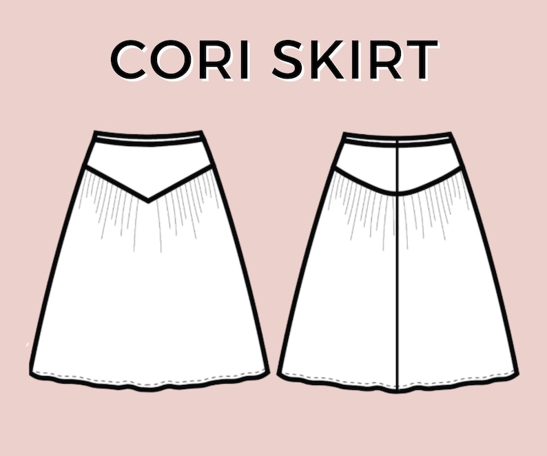 May include: Illustration of the Cori skirt design, featuring front and back views. The skirt is white with a unique waistline design and a flared silhouette. The text "Cori Skirt" is displayed at the top in black.