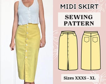 Midi-Rock Schnittmuster: Damen-Grössen von XXXS-XL (PDF-Muster)