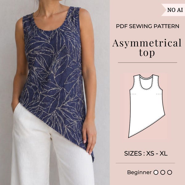 Patrón de blusa para mujer / Patrón de costura en PDF / Patrón de blusa asimétrica / Patrón de blusa con lazo / Patrón de costura de blusa