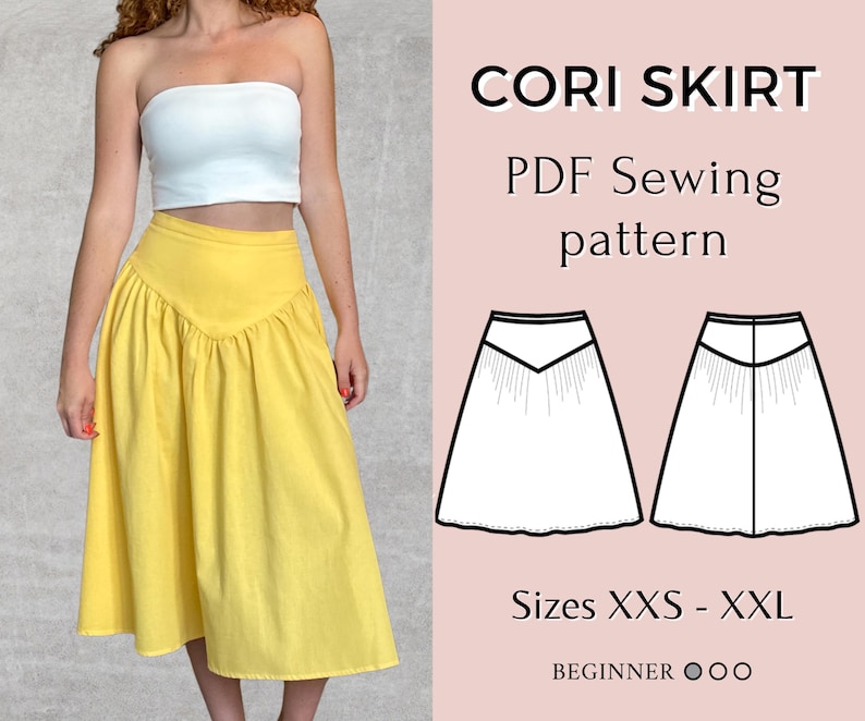 May include: A woman wearing a yellow midi skirt and a white tube top. The skirt has a high waist and a unique design. The image also shows a PDF sewing pattern for the "Cori Skirt" in sizes XXS-XXL.