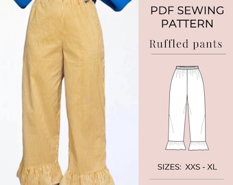 Patrón de costura para pantalones de pierna ancha / Patrón para pantalones palazzo / Pantalones con volantes / Pantalones de talle alto / Patrón de costura en PDF