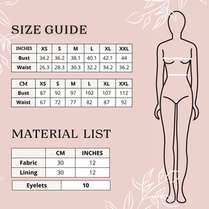 May include: A size guide and material list are displayed on a light pink background. The size guide includes bust and waist measurements in inches and centimeters for sizes XS to XXL. The material list shows fabric and lining at 30 cm (12 inches) and eyelets at 10.